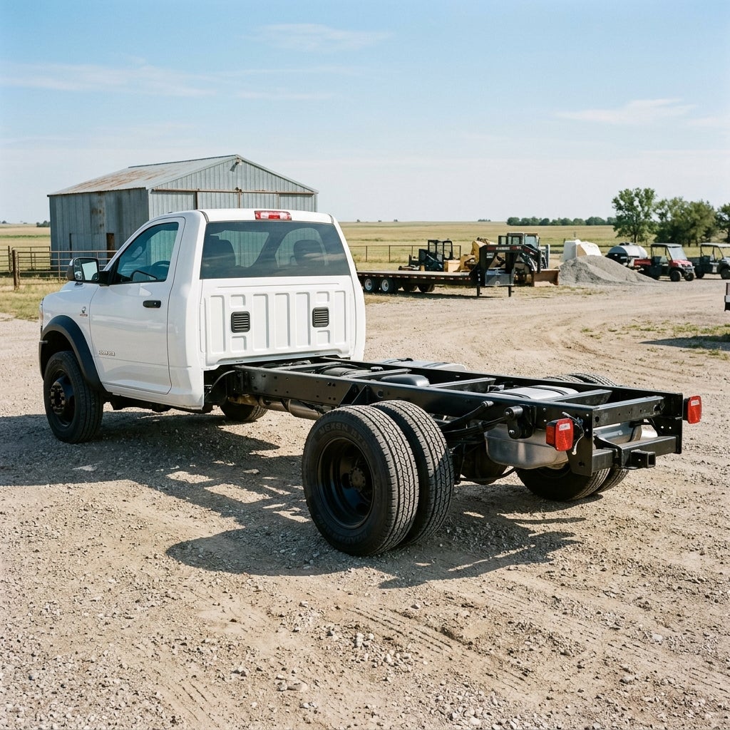 A white dual-rear-wheel chassis cab truck parked on a gravel lot with a metal barn in the background. (Representative image for illustration purposes only. Actual vehicle may vary based on trim and configuration.)