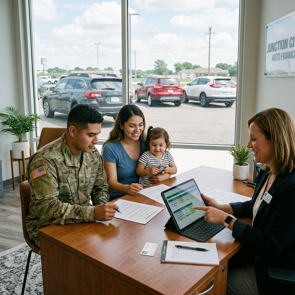 A military family sits at a desk reviewing financial documents on a tablet with an auto finance representative. (Representative image for illustration purposes only. Actual vehicle may vary based on trim and configuration.)