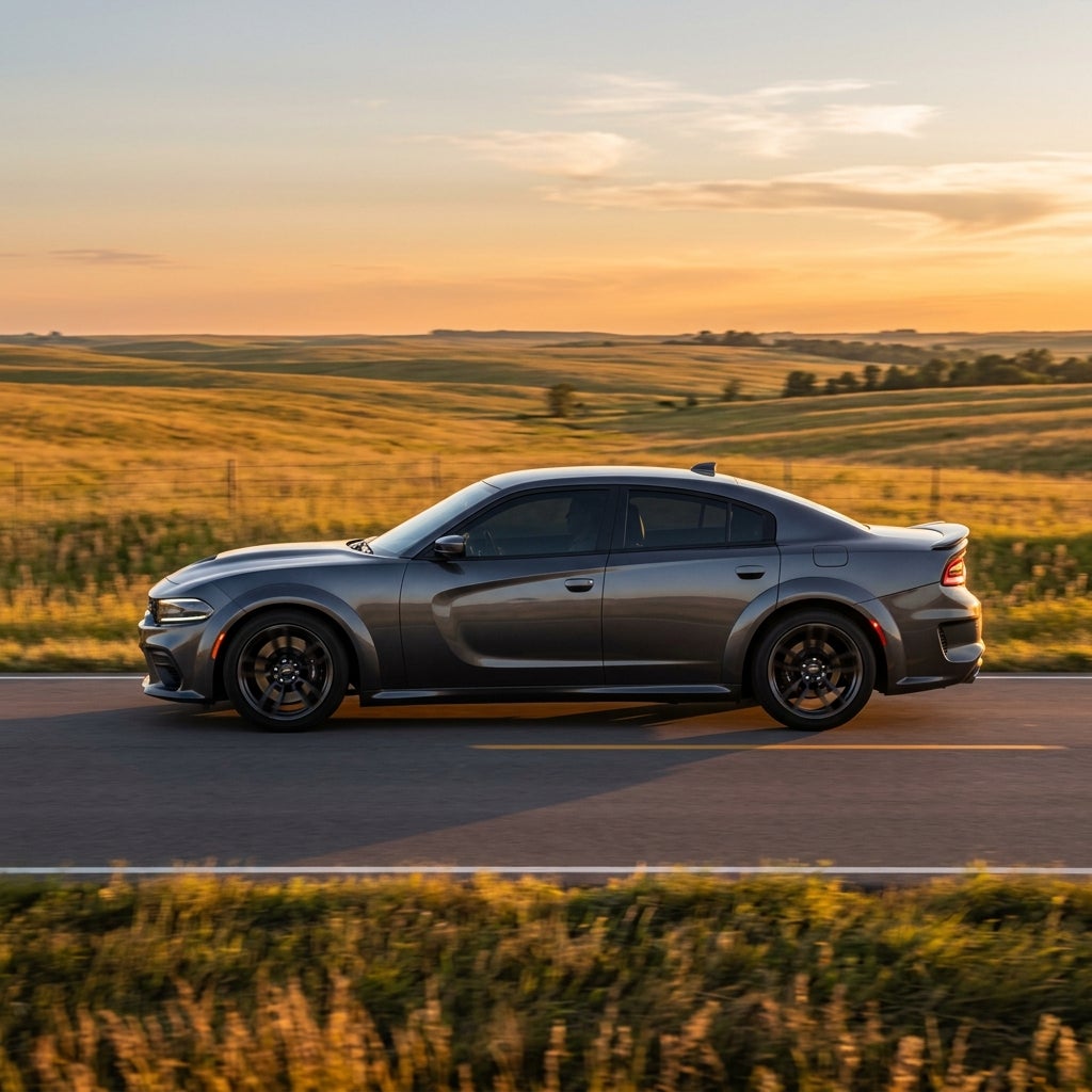 A sleek gray Dodge Charger driving along a rural road at sunset, with golden rolling hills in the background. (Representative image for illustration purposes only. Actual vehicle may vary based on trim and configuration.)