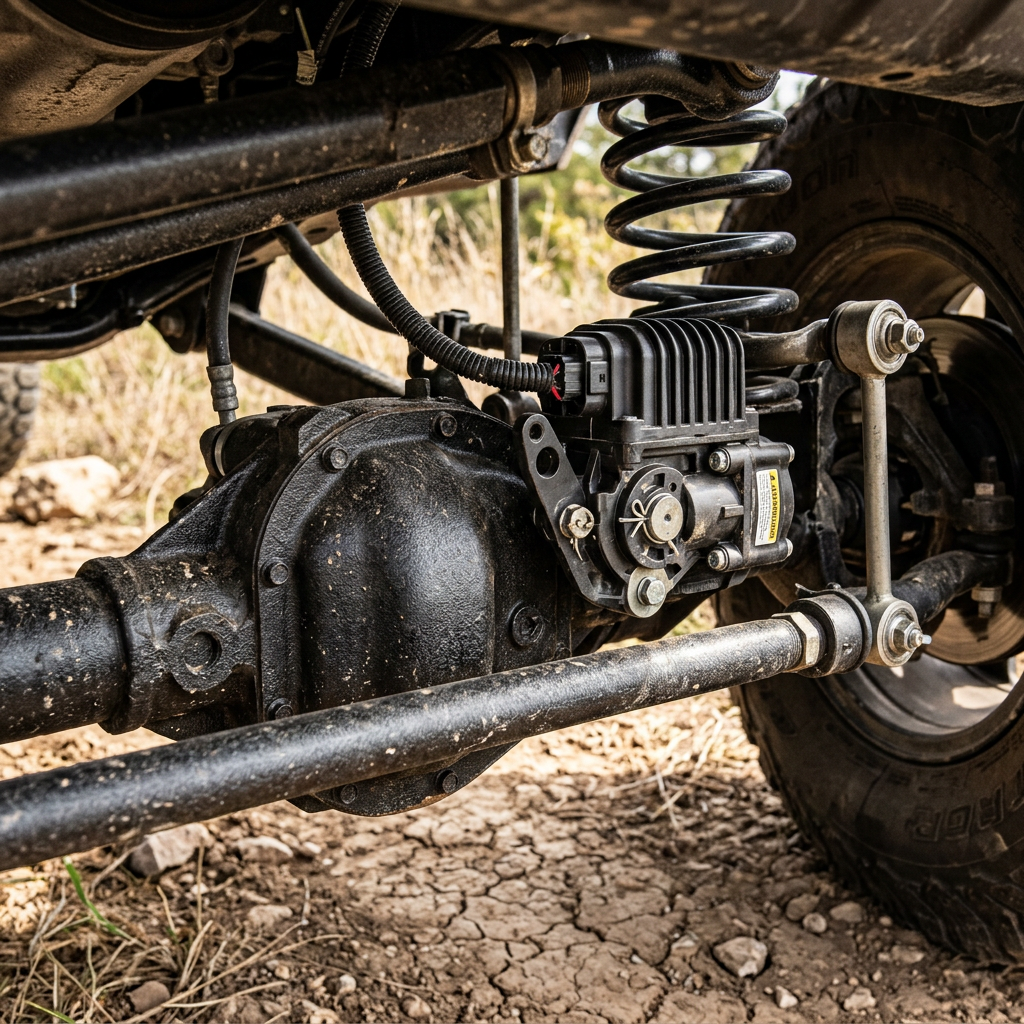 Close-up of a Jeep front axle, coil suspension, steering linkage, and an aftermarket electronic sway bar disconnect system. (Representative image for illustration purposes only. Actual vehicle may vary based on trim and configuration.)