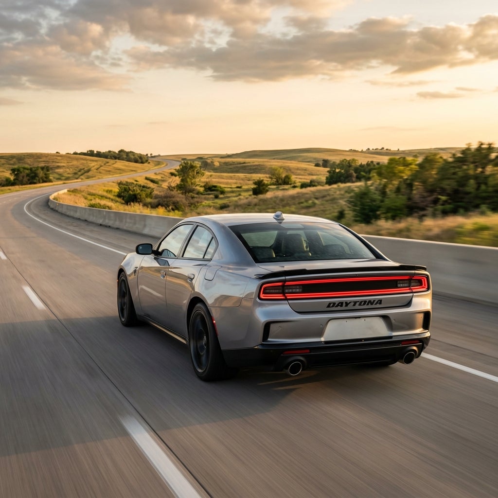 Rear view of a silver Dodge Charger Daytona driving on a winding highway through rolling hills at sunset. (Representative image for illustration purposes only. Actual vehicle may vary based on trim and configuration.)