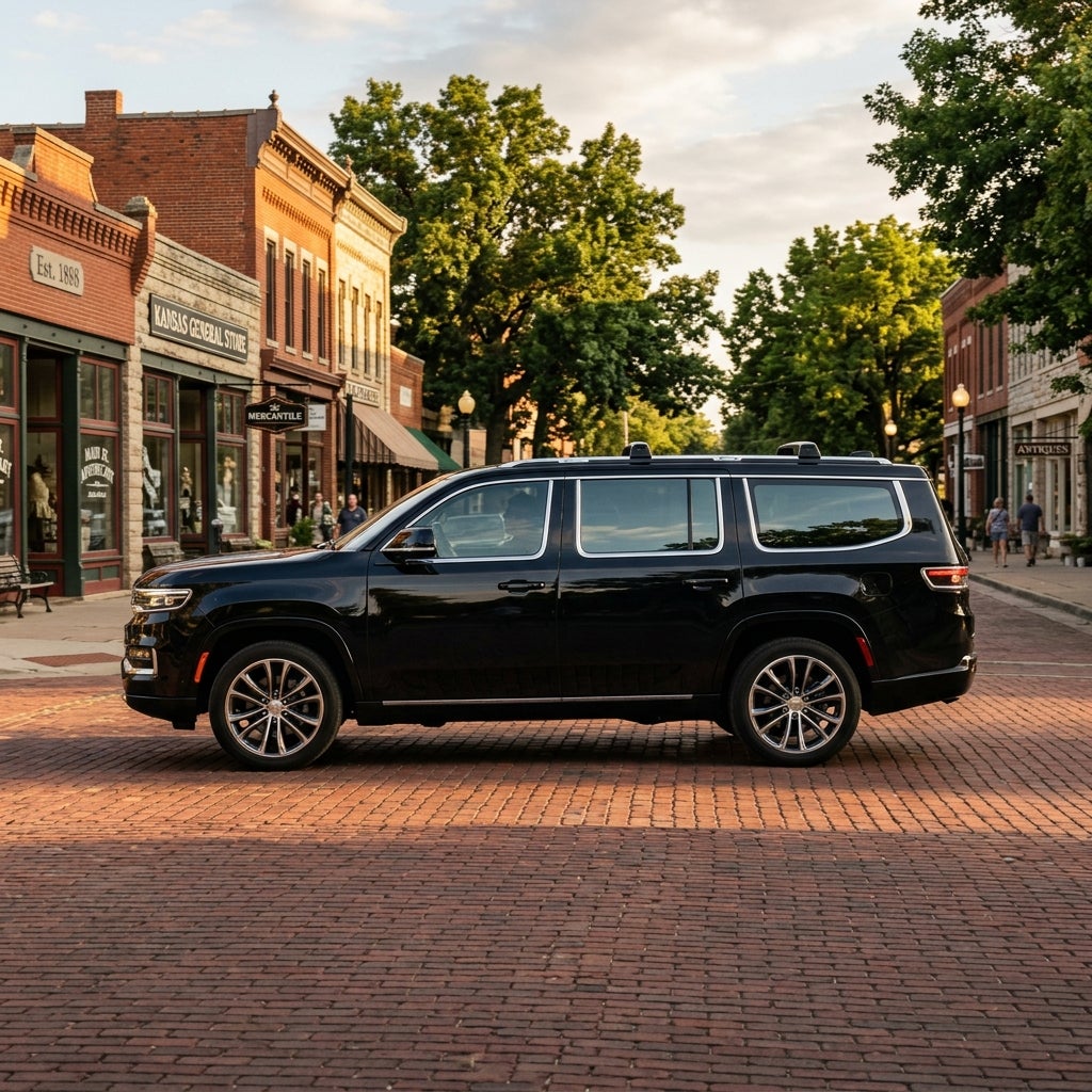 Side profile of a glossy black SUV parked on a red brick street in a historic downtown area. (Representative image for illustration purposes only. Actual vehicle may vary based on trim and configuration.)