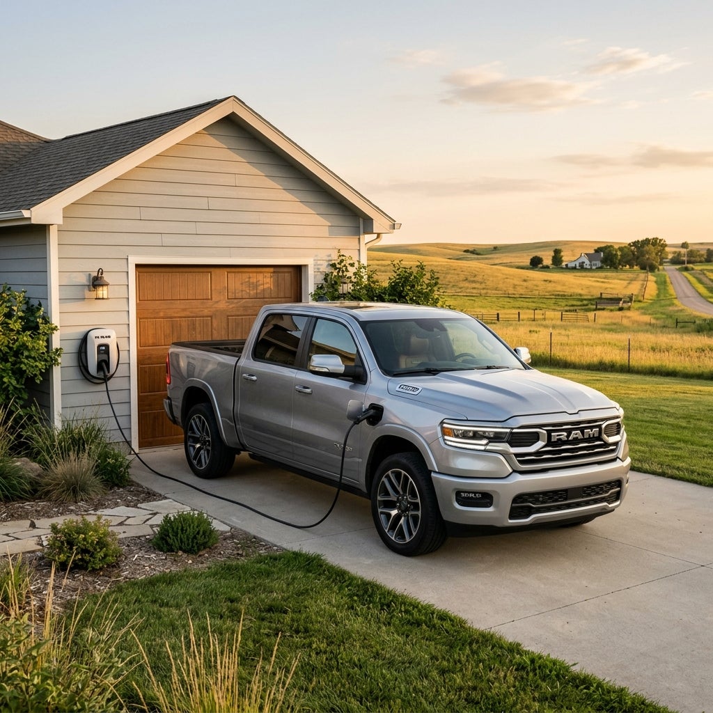 Silver Ram electric pickup truck charging on a concrete driveway outside a home garage in a rural setting. (Representative image for illustration purposes only. Actual vehicle may vary based on trim and configuration.)