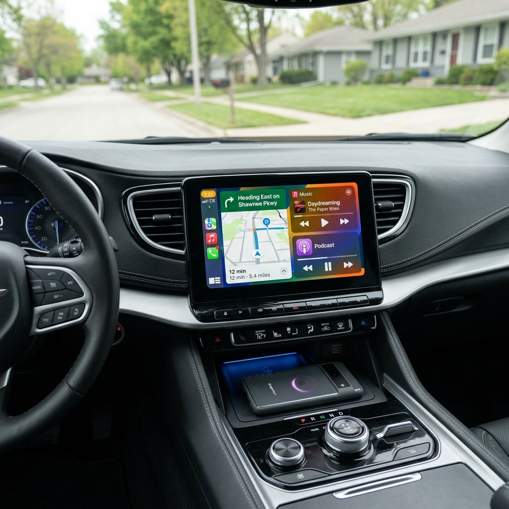 Interior view of a car dashboard showing an infotainment screen with Apple CarPlay and a phone charging below. (Representative image for illustration purposes only. Actual vehicle may vary based on trim and configuration.)