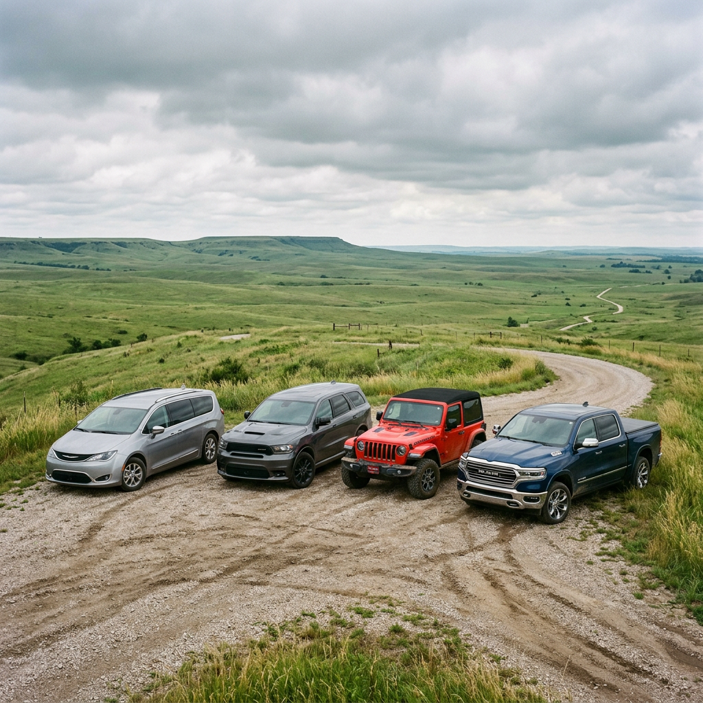 Four vehicles parked side-by-side on a dirt overlook road with rolling green hills behind them under a cloudy sky. (Representative image for illustration purposes only. Actual vehicle may vary based on trim and configuration.)
