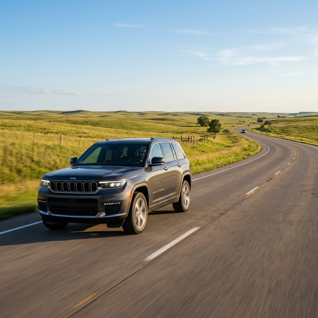 A grey Jeep Grand Cherokee drives along a scenic, winding asphalt road through rolling green hills. (Representative image for illustration purposes only. Actual vehicle may vary based on trim and configuration.)