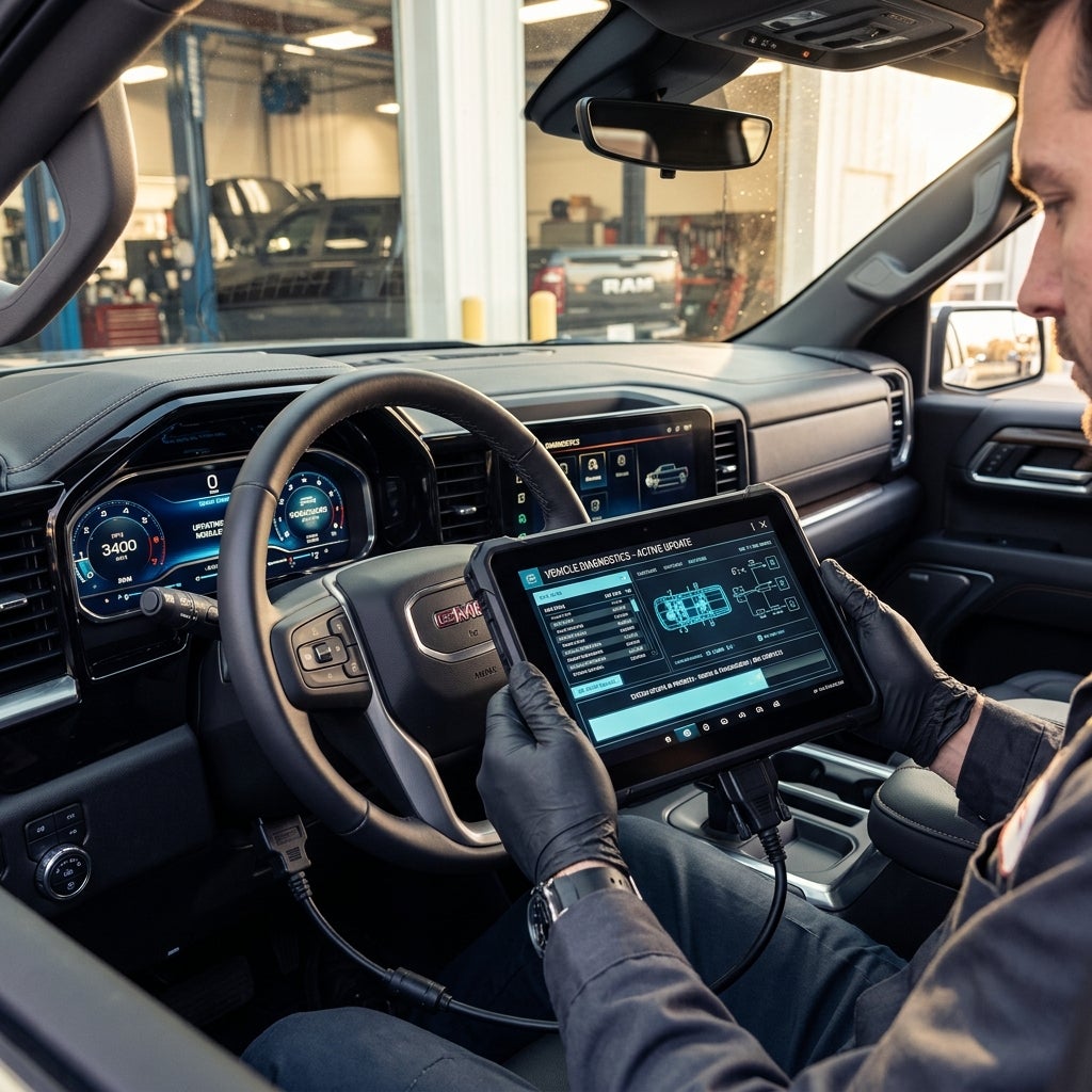 Mechanic wearing black gloves holding a diagnostic tablet connected to a truck inside an auto service shop. (Representative image for illustration purposes only. Actual vehicle may vary based on trim and configuration.)