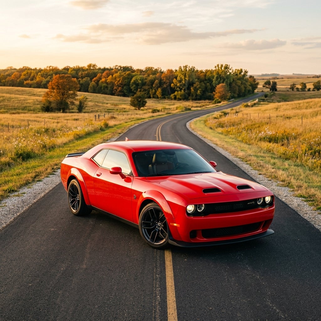 Red Dodge Challenger SRT Widebody parked on a winding rural asphalt road at sunset. (Representative image for illustration purposes only. Actual vehicle may vary based on trim and configuration.)