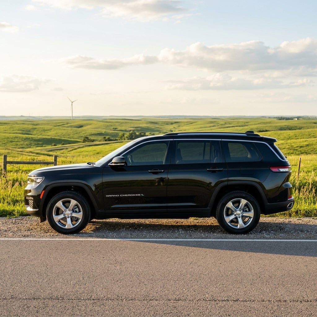 Side profile of a black Jeep Grand Cherokee L parked on a gravel shoulder next to green rolling hills. (Representative image for illustration purposes only. Actual vehicle may vary based on trim and configuration.)