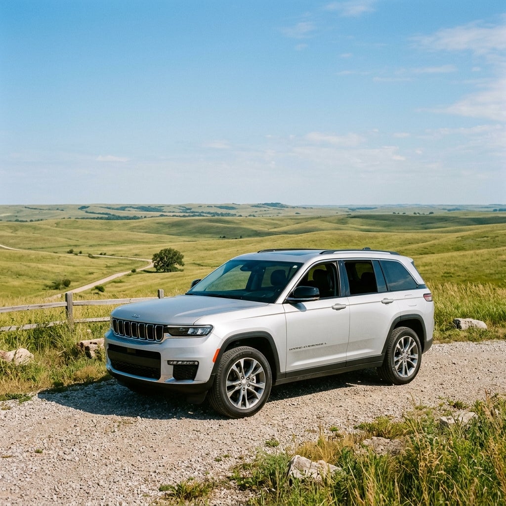 Silver Jeep Grand Cherokee L parked on a gravel trail overlooking rolling green hills. (Representative image for illustration purposes only. Actual vehicle may vary based on trim and configuration.)