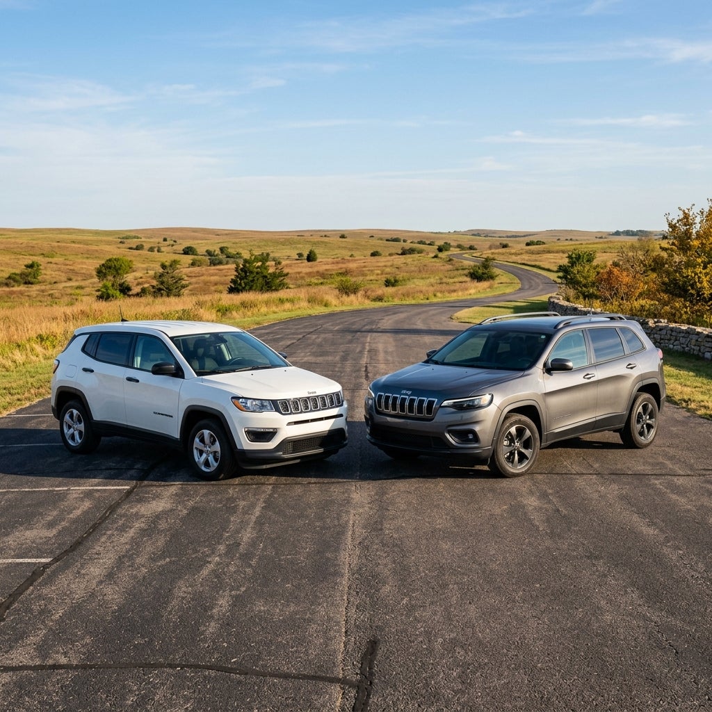 A white Jeep SUV and a dark grey Jeep SUV parked side-by-side on an asphalt road in a scenic prairie setting. (Representative image for illustration purposes only. Actual vehicle may vary based on trim and configuration.)