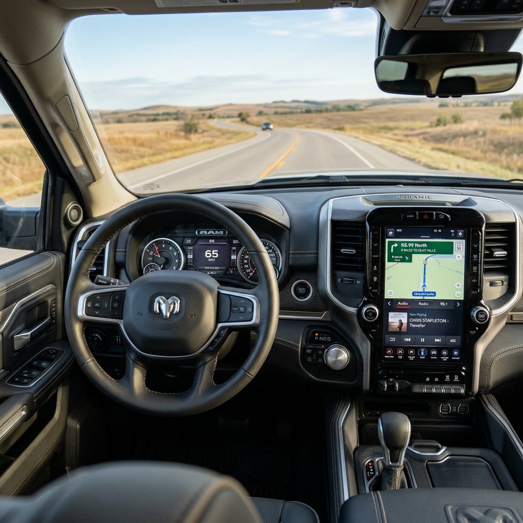 Driver's view from inside a Ram truck looking at the dashboard, navigation screen, and an open country highway ahead. (Representative image for illustration purposes only. Actual vehicle may vary based on trim and configuration.)