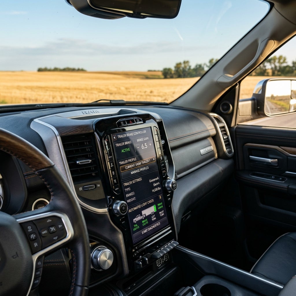 Interior view of a RAM pickup truck driving past a golden field, showcasing the touchscreen infotainment display. (Representative image for illustration purposes only. Actual vehicle may vary based on trim and configuration.)