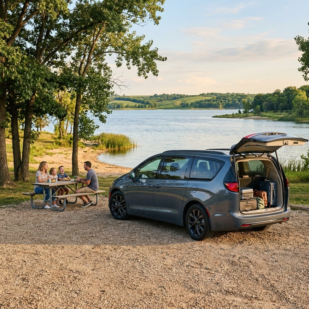 A family sits at a picnic table near a lake beside a dark gray minivan with its open trunk packed with luggage. (Representative image for illustration purposes only. Actual vehicle may vary based on trim and configuration.)