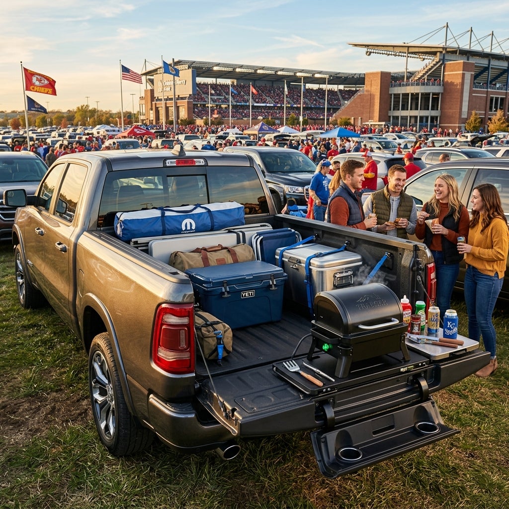 A grey pickup truck packed with tailgating gear and a portable grill, with friends standing nearby outside a stadium. (Representative image for illustration purposes only. Actual vehicle may vary based on trim and configuration.)