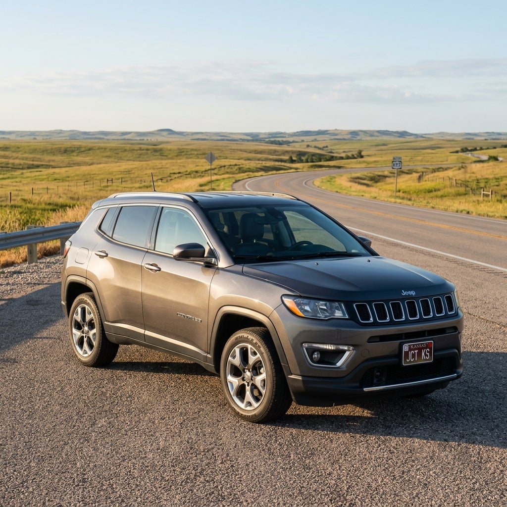 A grey Jeep Compass parked on the shoulder of a winding rural Kansas road amidst rolling green hills. (Representative image for illustration purposes only. Actual vehicle may vary based on trim and configuration.)