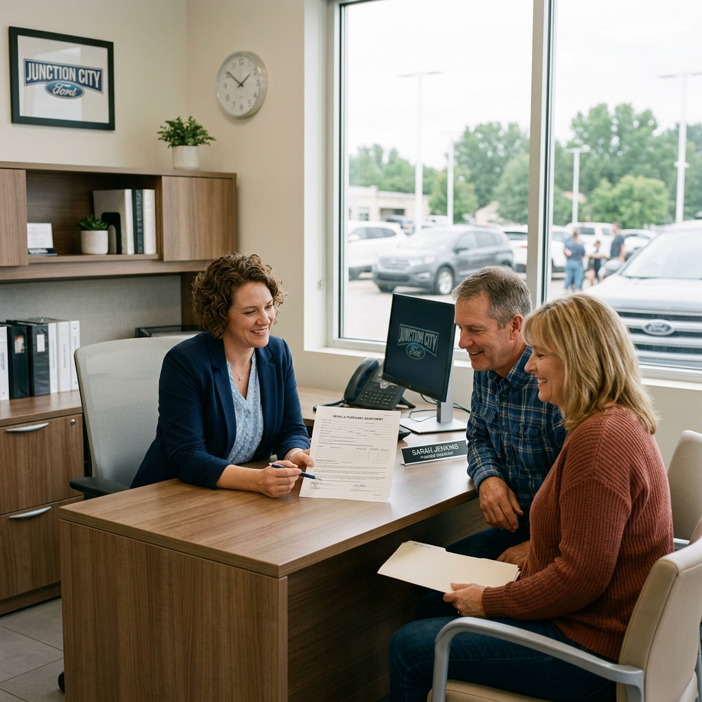 A female financial manager pointing to a contract for a couple in a car dealership office. (Representative image for illustration purposes only. Actual vehicle may vary based on trim and configuration.)