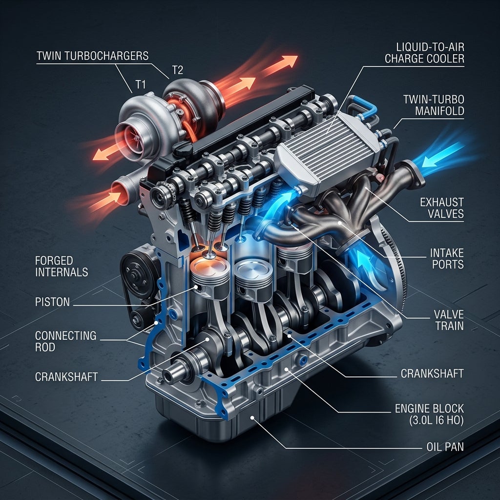 3D cutaway diagram of a 3.0L twin-turbo inline six-cylinder engine with labeled mechanical components. (Representative image for illustration purposes only. Actual vehicle may vary based on trim and configuration.)