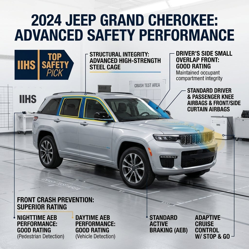 Infographic showcasing 2024 Jeep Grand Cherokee IIHS Top Safety Pick features and crash prevention ratings. (Representative image for illustration purposes only. Actual vehicle may vary based on trim and configuration.)