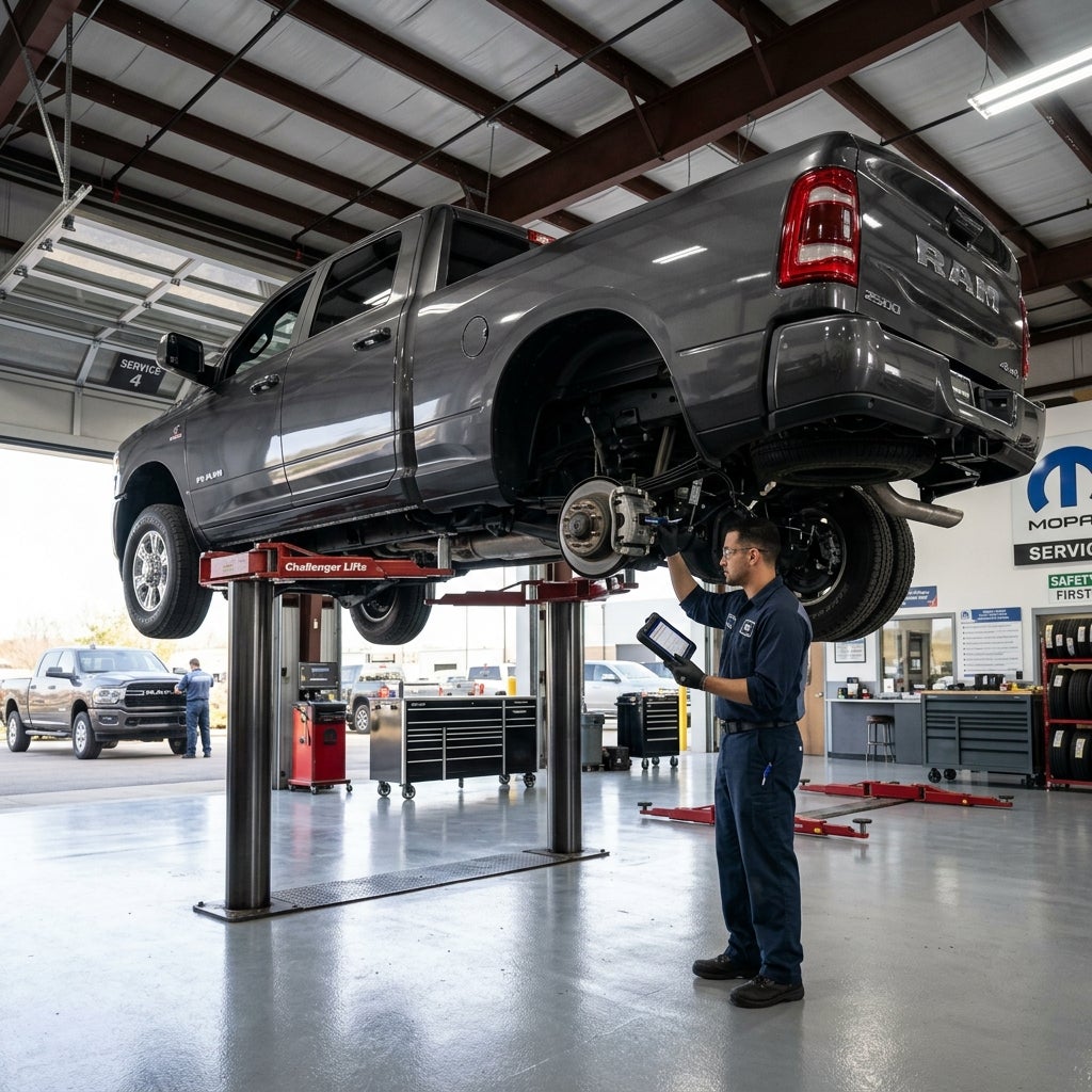 A mechanic in blue workwear uses a tablet to inspect the brake system of a dark grey pickup truck raised on a lift. (Representative image for illustration purposes only. Actual vehicle may vary based on trim and configuration.)