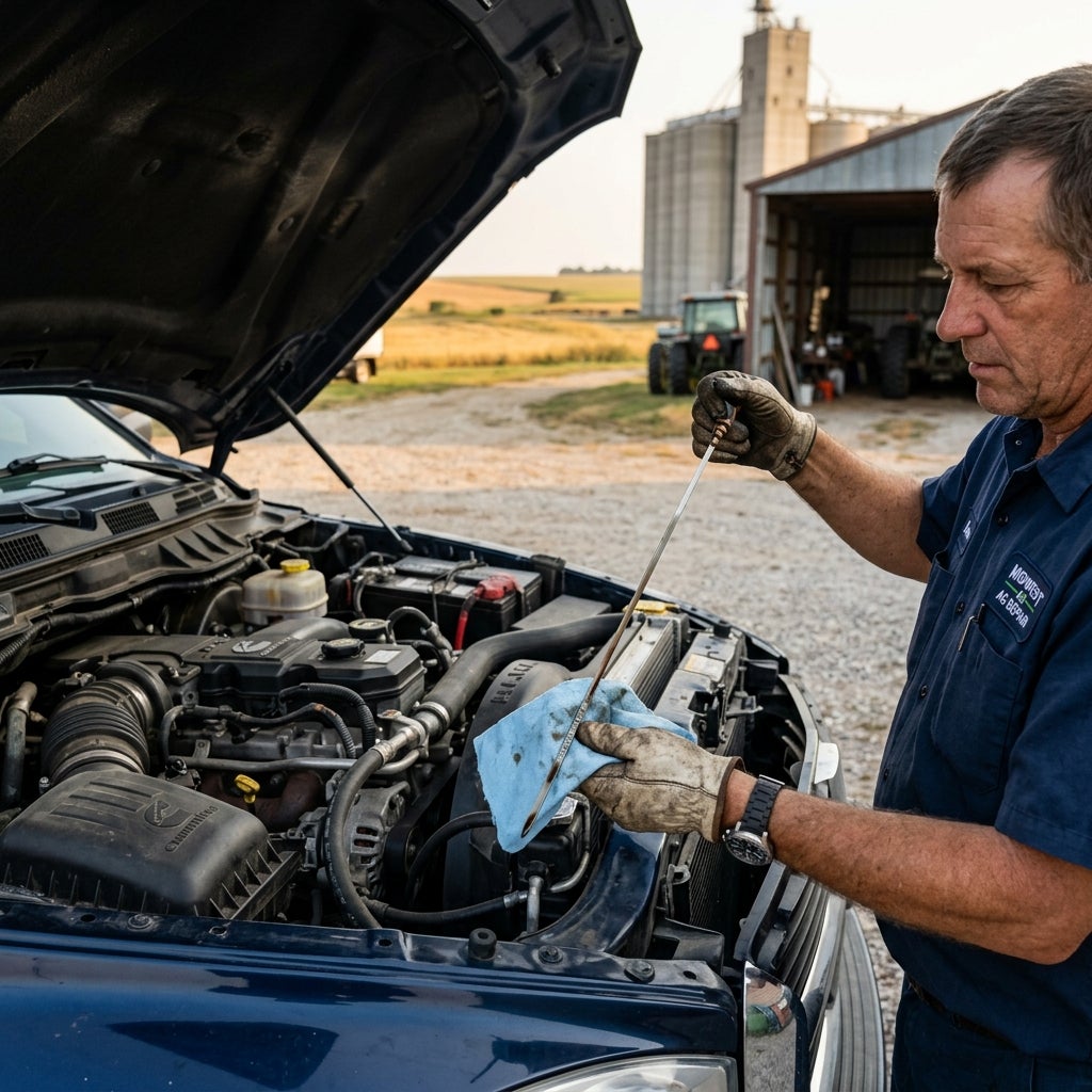 A mechanic wearing work gloves checks the oil dipstick under the hood of a blue truck on a farm. (Representative image for illustration purposes only. Actual vehicle may vary based on trim and configuration.)