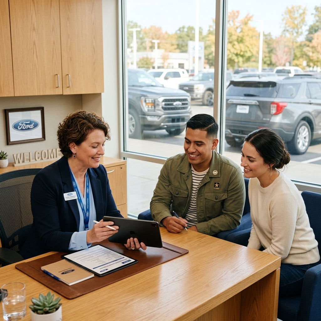 A Ford dealership representative showing options on a tablet to a young couple sitting at her office desk. (Representative image for illustration purposes only. Actual vehicle may vary based on trim and configuration.)