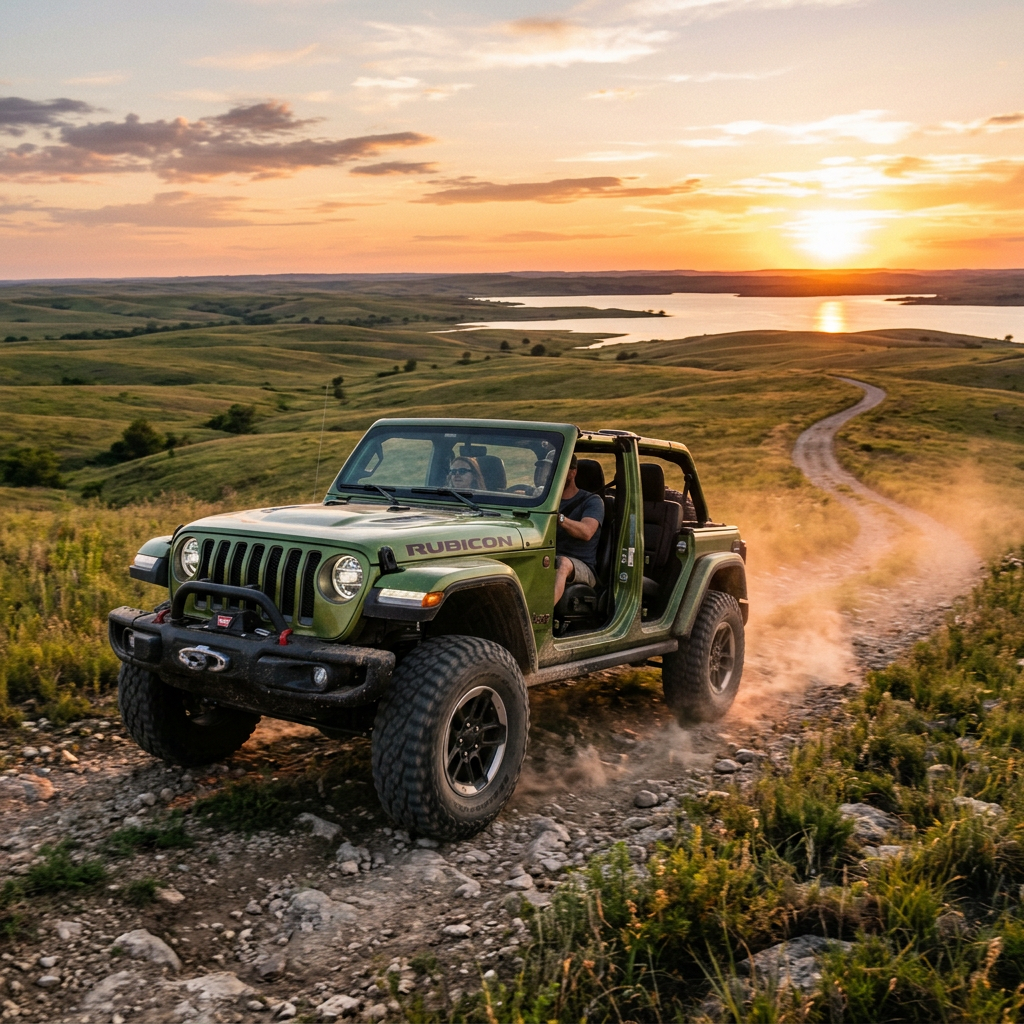 Green Jeep Rubicon driving on a dirt trail at sunset in a hilly landscape near water. (Representative image for illustration purposes only. Actual vehicle may vary based on trim and configuration.)