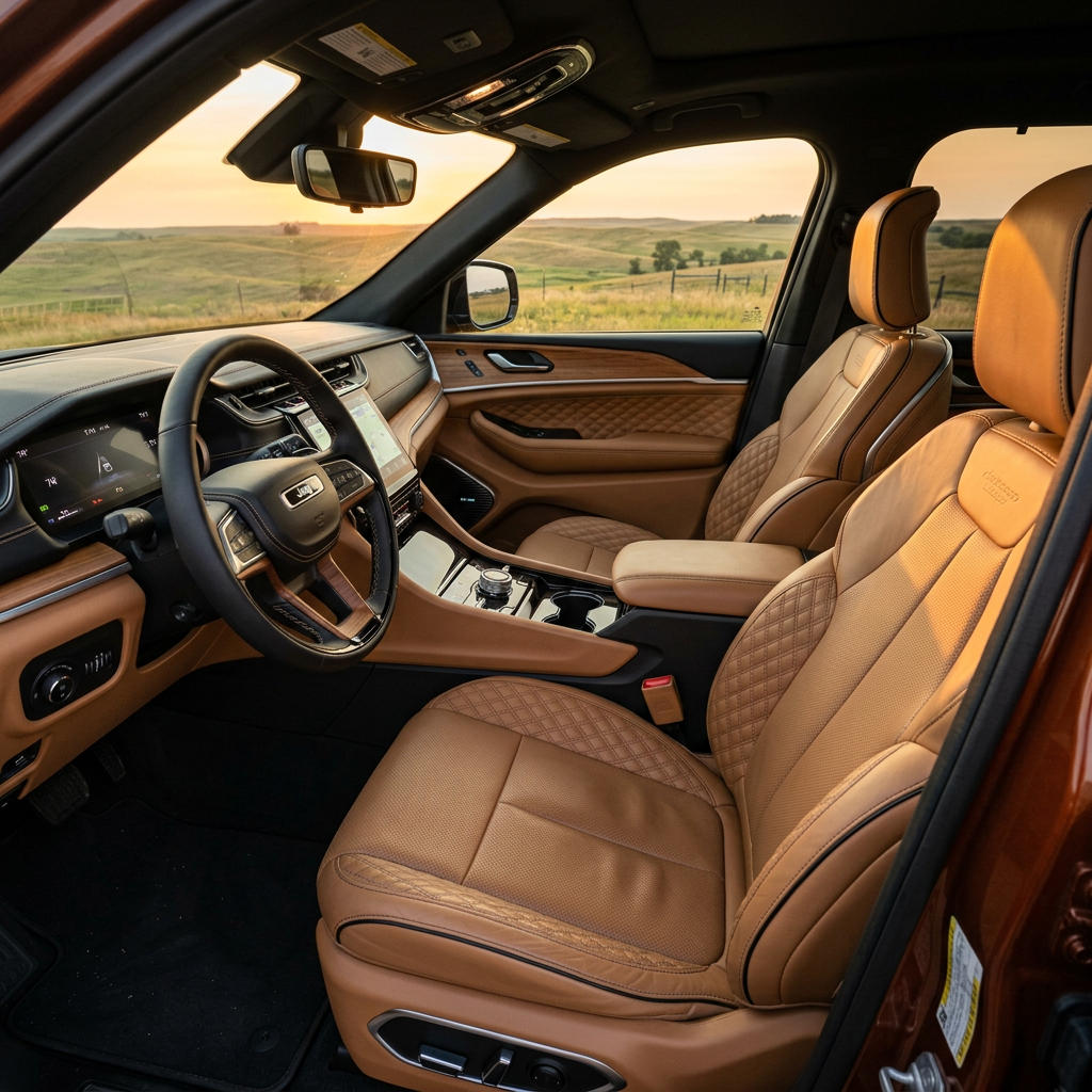 Luxurious tan leather interior of a modern Jeep SUV, showing the driver and passenger seats at sunset. (Representative image for illustration purposes only. Actual vehicle may vary based on trim and configuration.)