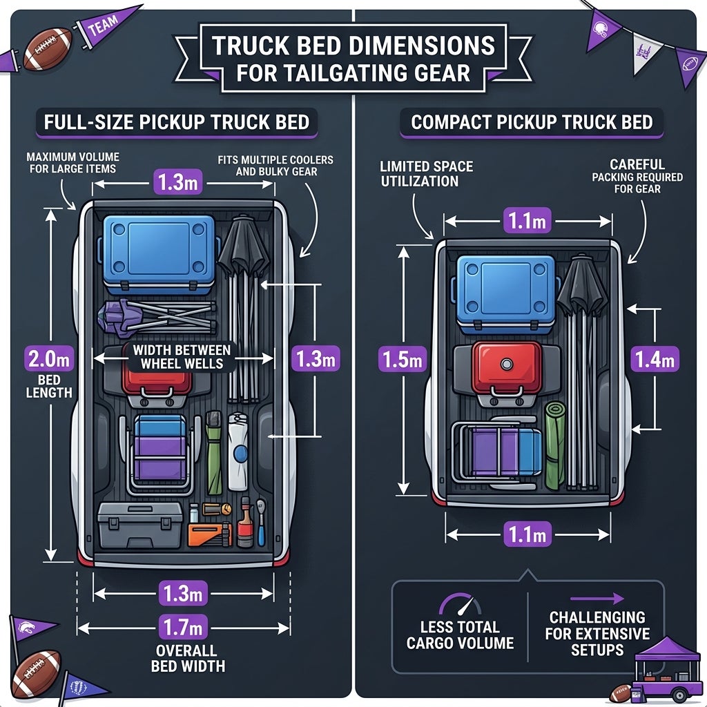 Diagram comparing full-size and compact truck bed dimensions and packing layout for tailgating gear. (Representative image for illustration purposes only. Actual vehicle may vary based on trim and configuration.)