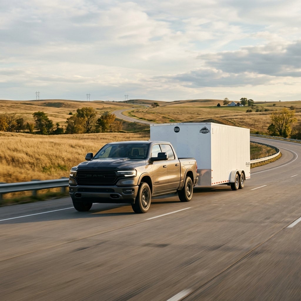 A grey Ram pickup truck towing a large white enclosed cargo trailer down a rural highway through rolling hills. (Representative image for illustration purposes only. Actual vehicle may vary based on trim and configuration.)