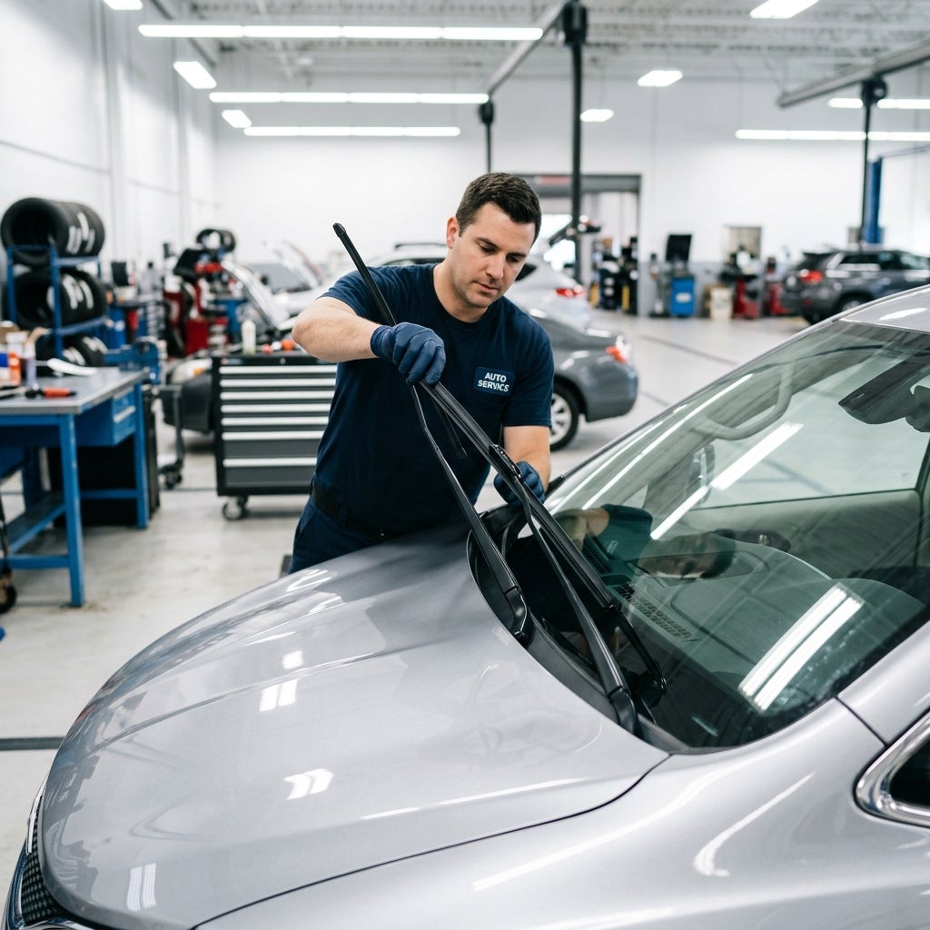 Auto mechanic installing new windshield wiper blades on a silver car inside a garage service bay. (Representative image for illustration purposes only. Actual vehicle may vary based on trim and configuration.)