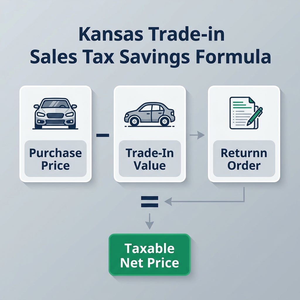 Diagram showing Kansas trade-in sales tax formula: purchase price minus trade-in value equals taxable net price. (Representative image for illustration purposes only. Actual vehicle may vary based on trim and configuration.)