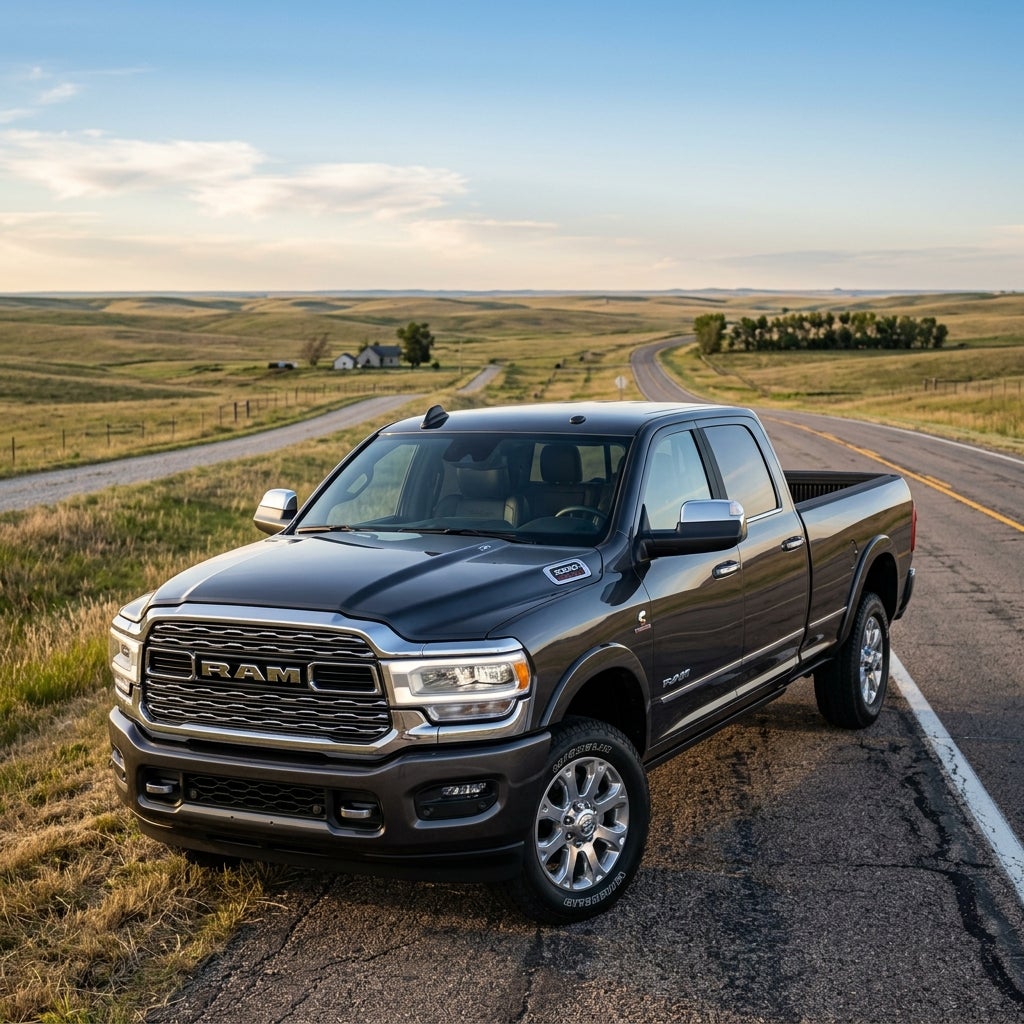 Dark grey Ram heavy-duty pickup truck parked along a scenic rural country road at sunset. (Representative image for illustration purposes only. Actual vehicle may vary based on trim and configuration.)