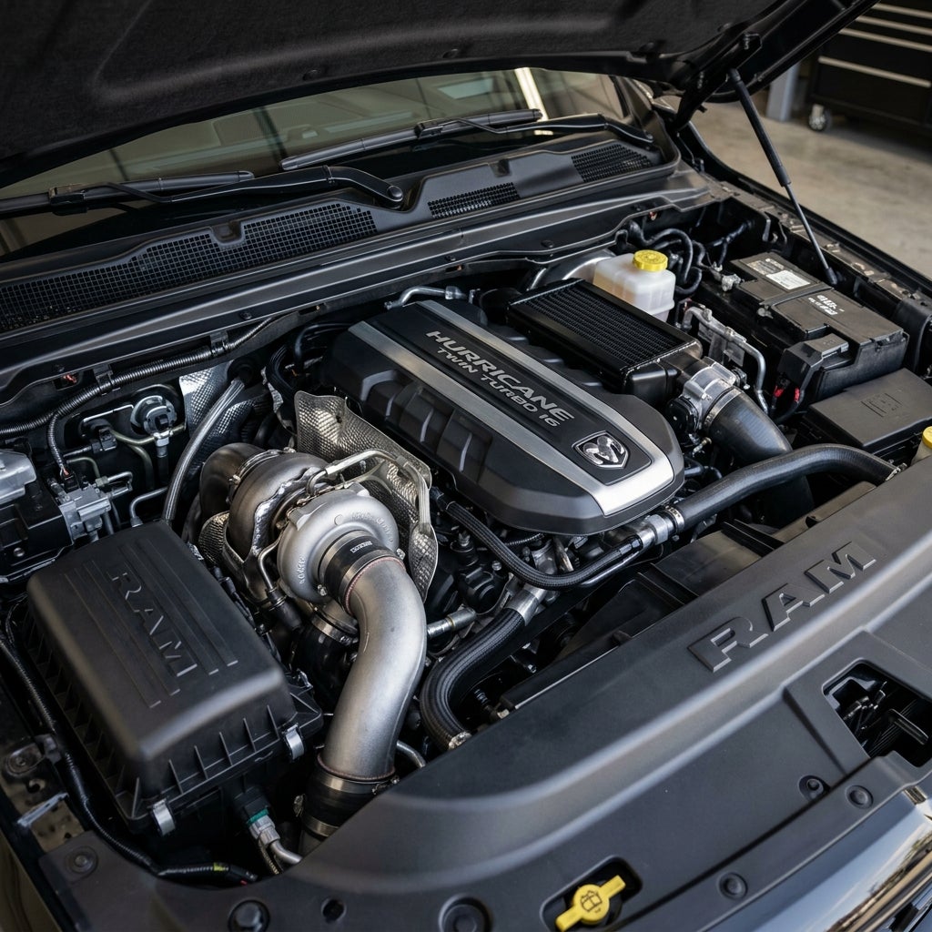 Engine bay of a RAM truck featuring a Hurricane twin turbo inline six engine with custom turbo piping. (Representative image for illustration purposes only. Actual vehicle may vary based on trim and configuration.)
