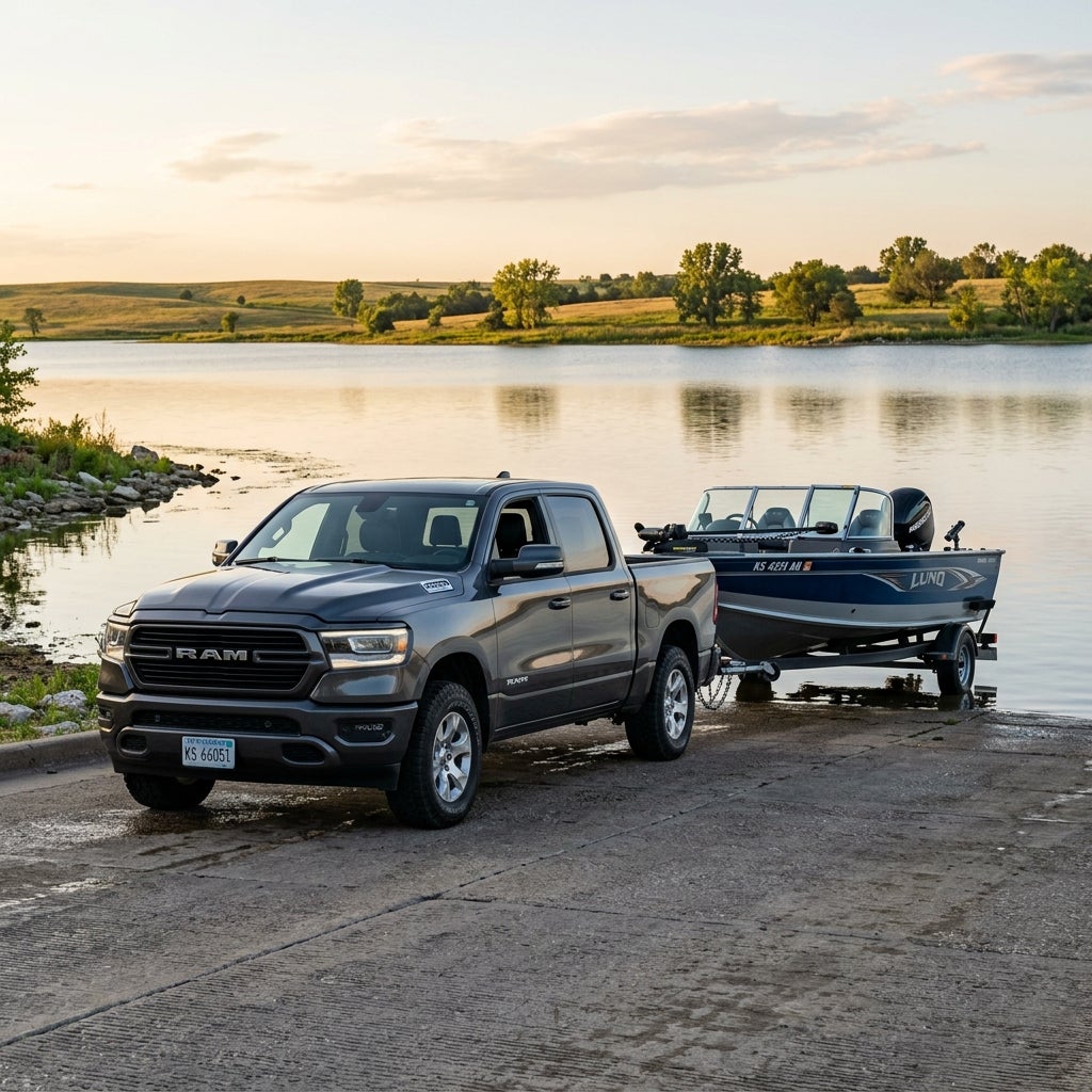 A dark gray Ram pickup truck backs a blue Lund fishing boat down a concrete boat launch ramp into a calm lake. (Representative image for illustration purposes only. Actual vehicle may vary based on trim and configuration.)