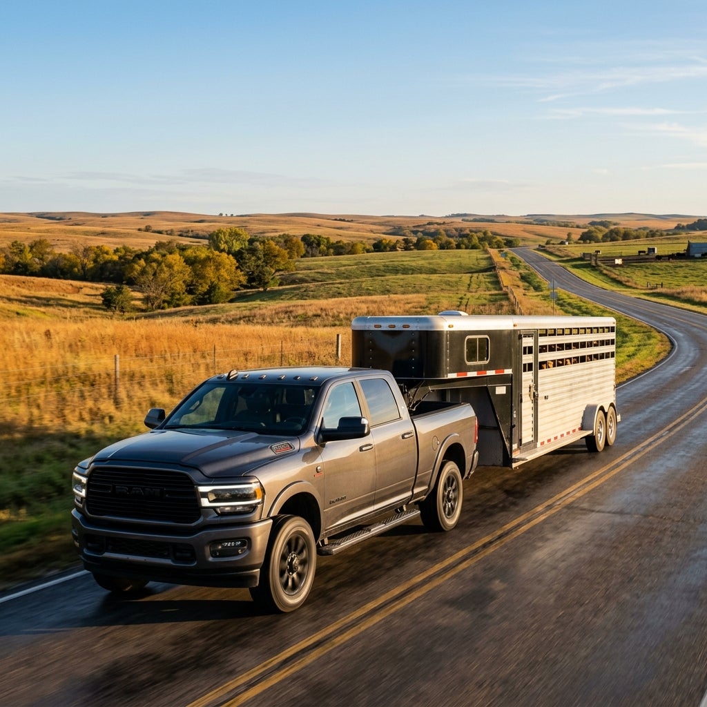 A dark metallic Ram pickup truck driving down a rural road while towing a gooseneck livestock trailer. (Representative image for illustration purposes only. Actual vehicle may vary based on trim and configuration.)