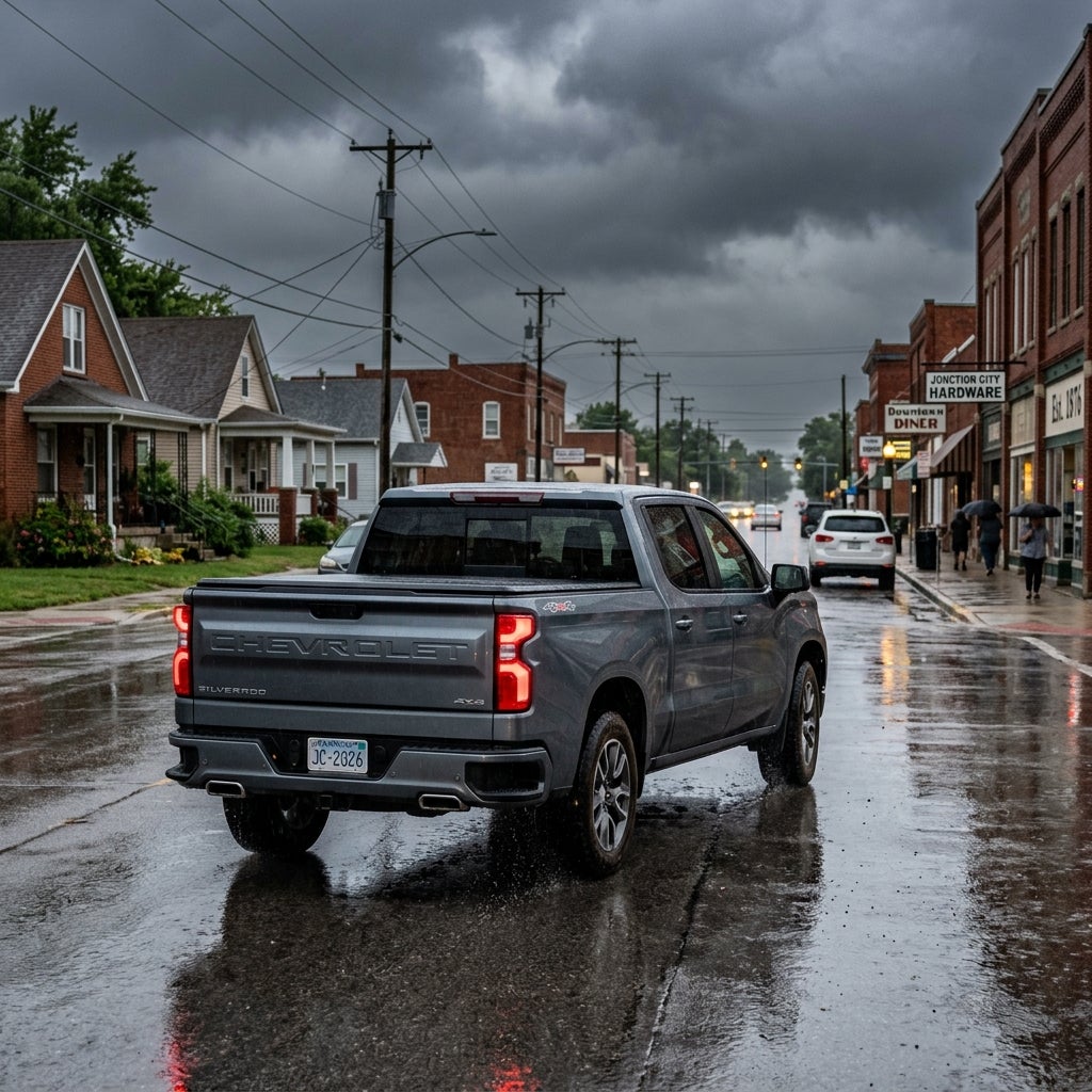 A grey Chevrolet Silverado pickup truck drives down a wet, rainy main street in a small town under dark storm clouds. (Representative image for illustration purposes only. Actual vehicle may vary based on trim and configuration.)