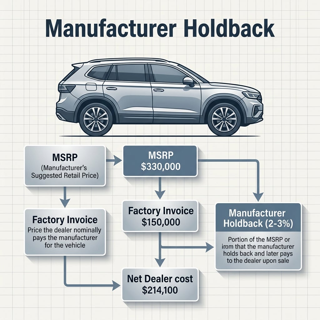 Infographic diagram explaining Manufacturer Holdback in car pricing, featuring an SUV illustration and financial flowcharts. (Representative image for illustration purposes only. Actual vehicle may vary based on trim and configuration.)