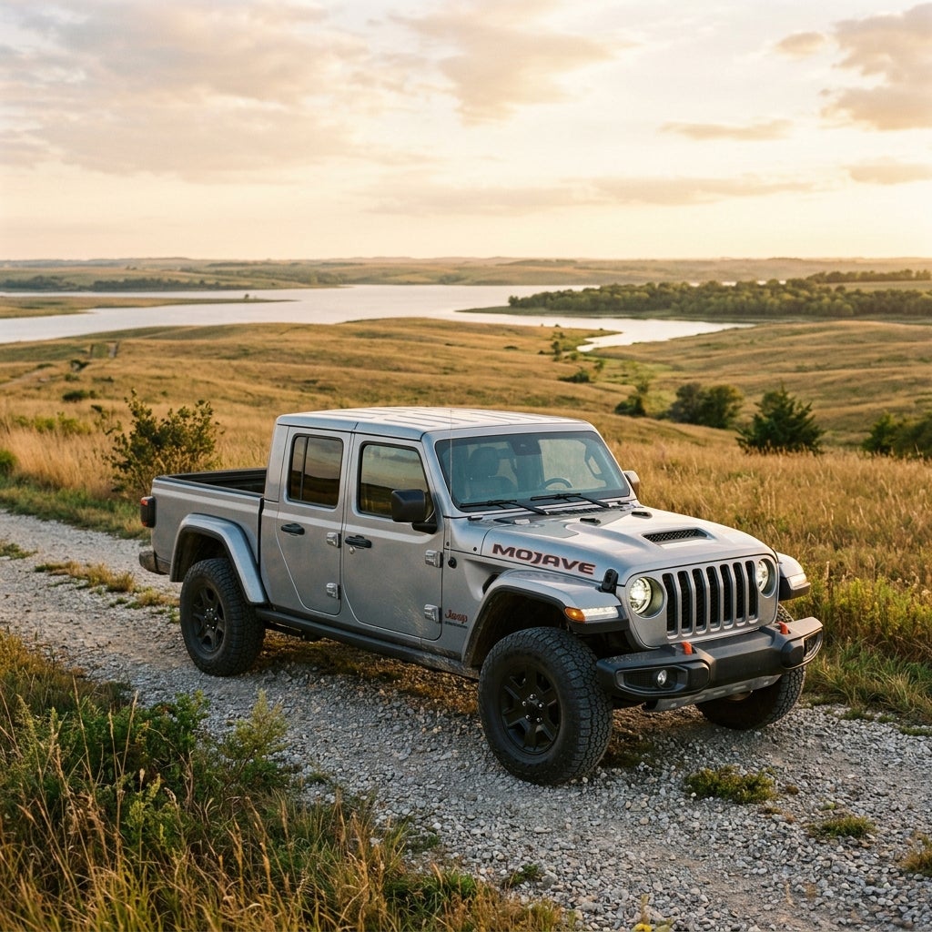 Silver Jeep Gladiator Mojave pickup truck parked on a gravel road overlooking scenic rolling hills at sunset. (Representative image for illustration purposes only. Actual vehicle may vary based on trim and configuration.)