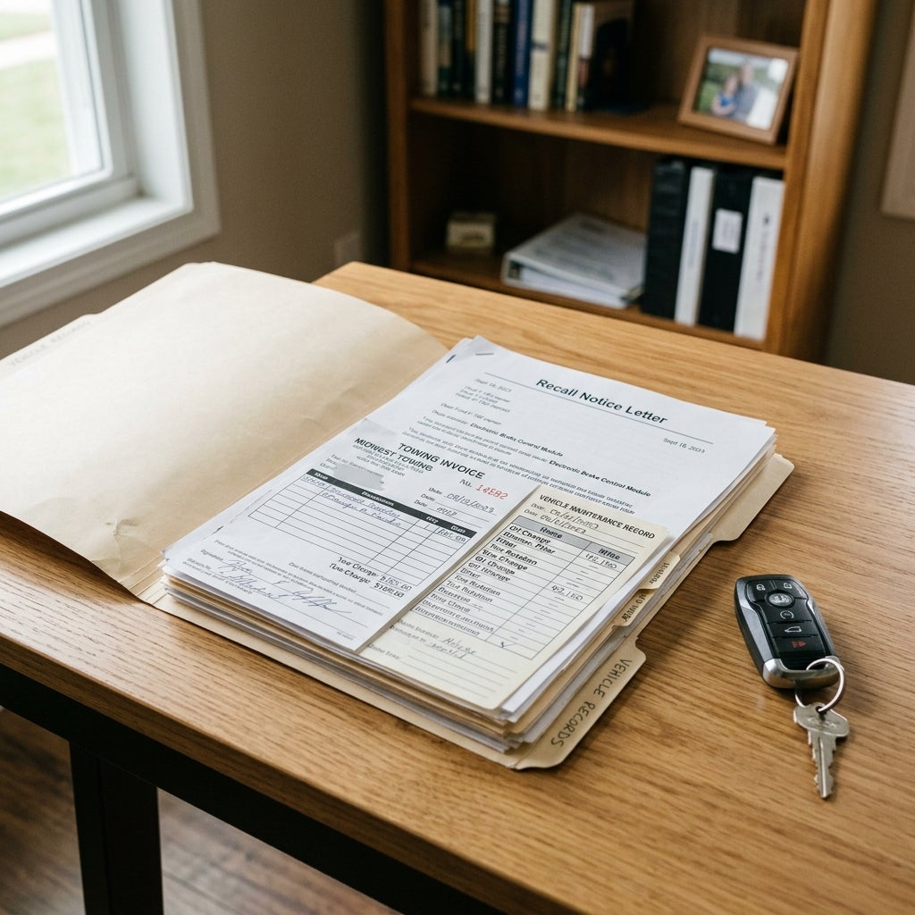 An open folder labeled vehicle records containing a recall notice, towing invoice, and maintenance record next to a car key. (Representative image for illustration purposes only. Actual vehicle may vary based on trim and configuration.)