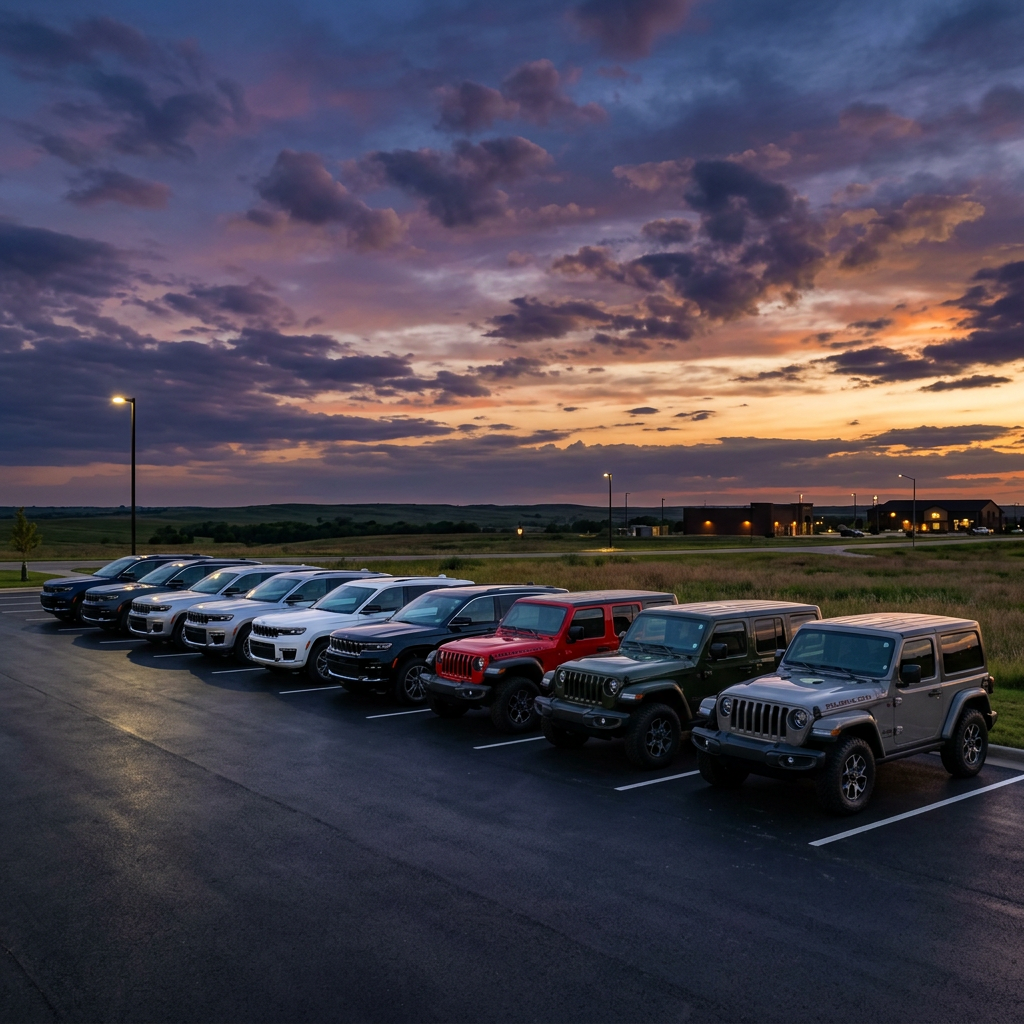 A row of various Jeep models parked in a paved lot during a vibrant sunset. (Representative image for illustration purposes only. Actual vehicle may vary based on trim and configuration.)