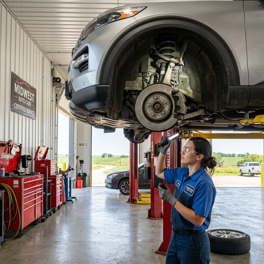 Female mechanic using a flashlight to inspect the exposed front brake rotor and suspension of a silver car on a lift. (Representative image for illustration purposes only. Actual vehicle may vary based on trim and configuration.)
