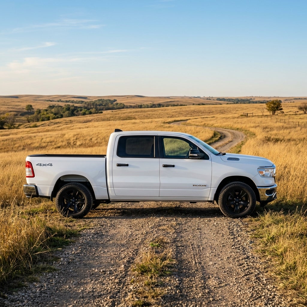 Side profile of a white Ram pickup truck parked on a gravel road in a golden grassy prairie landscape. (Representative image for illustration purposes only. Actual vehicle may vary based on trim and configuration.)