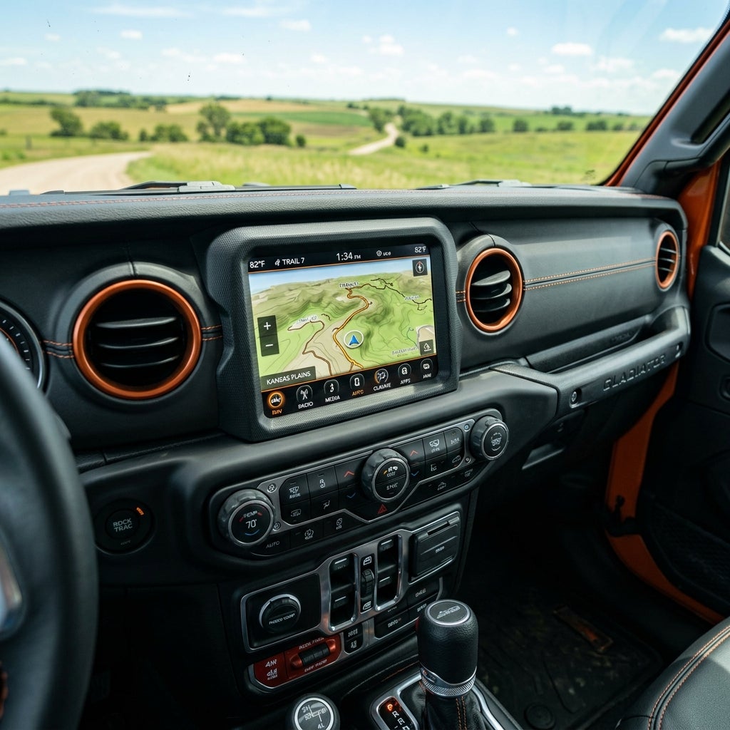 Dashboard of a Jeep Gladiator with orange trim, off-road navigation display, and a view of a rural dirt road. (Representative image for illustration purposes only. Actual vehicle may vary based on trim and configuration.)