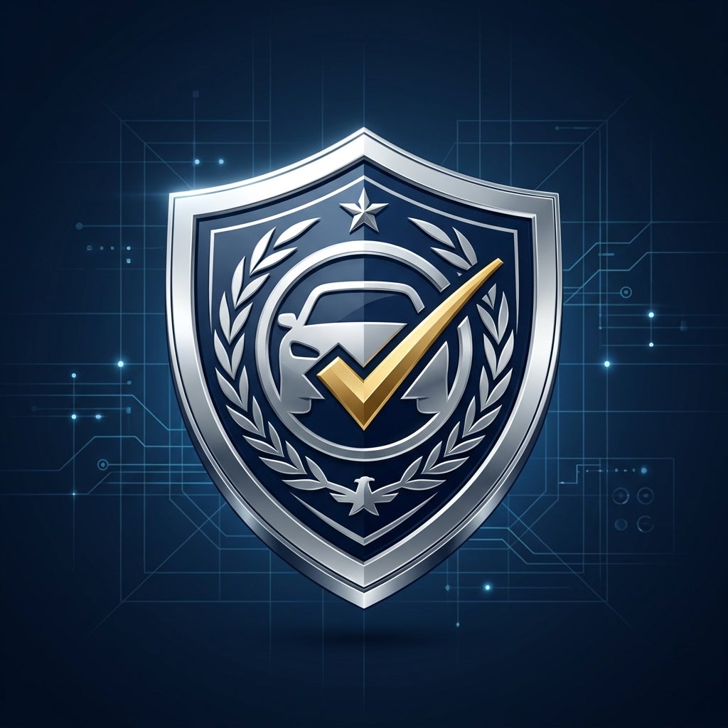 Silver and blue shield emblem featuring a car silhouette, golden checkmark, laurel wreath, and star on a circuit background. (Representative image for illustration purposes only. Actual vehicle may vary based on trim and configuration.)