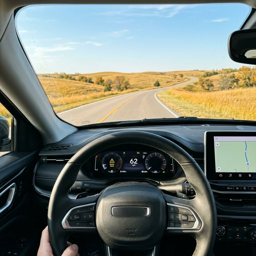 View from the driver's seat of a car traveling down a winding rural road through golden rolling hills under a clear blue sky. (Representative image for illustration purposes only. Actual vehicle may vary based on trim and configuration.)