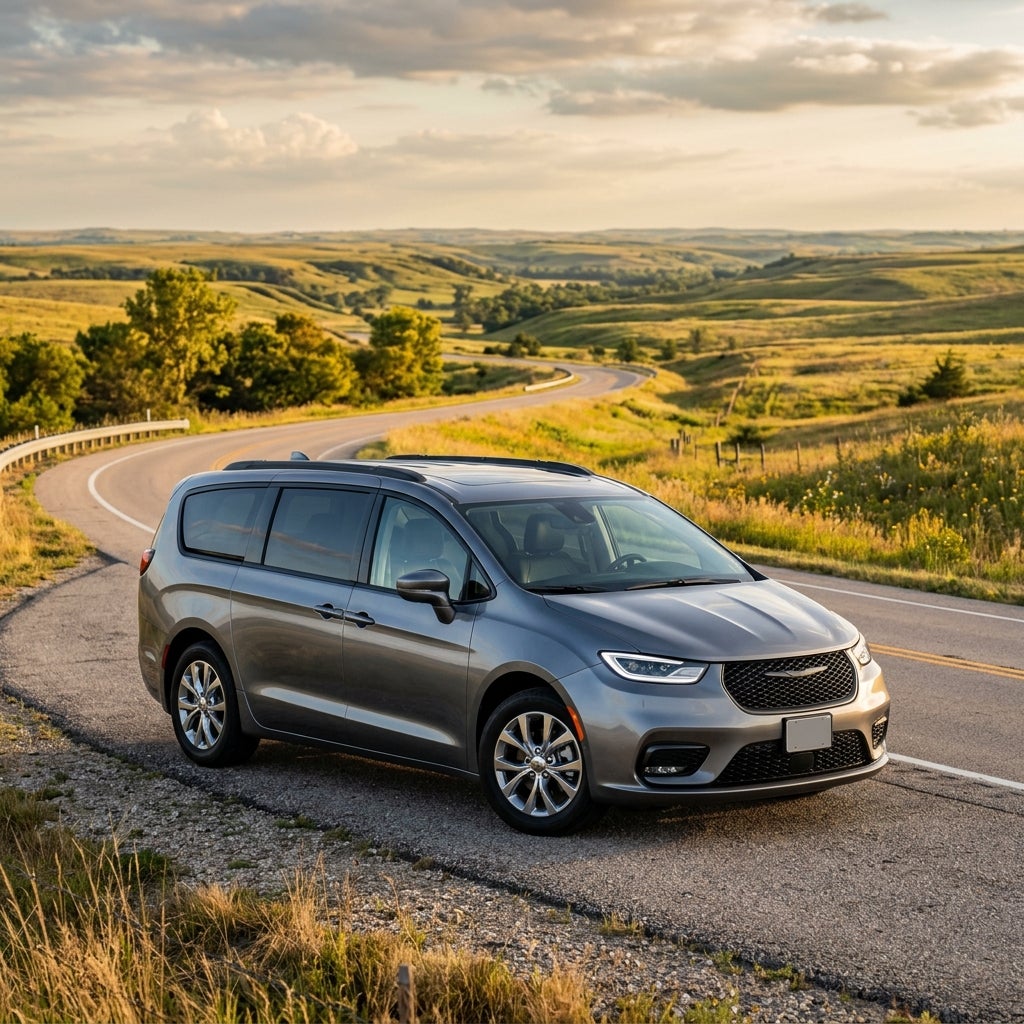 Gray Chrysler Pacifica minivan parked along a scenic winding road through rolling hills at sunset. (Representative image for illustration purposes only. Actual vehicle may vary based on trim and configuration.)