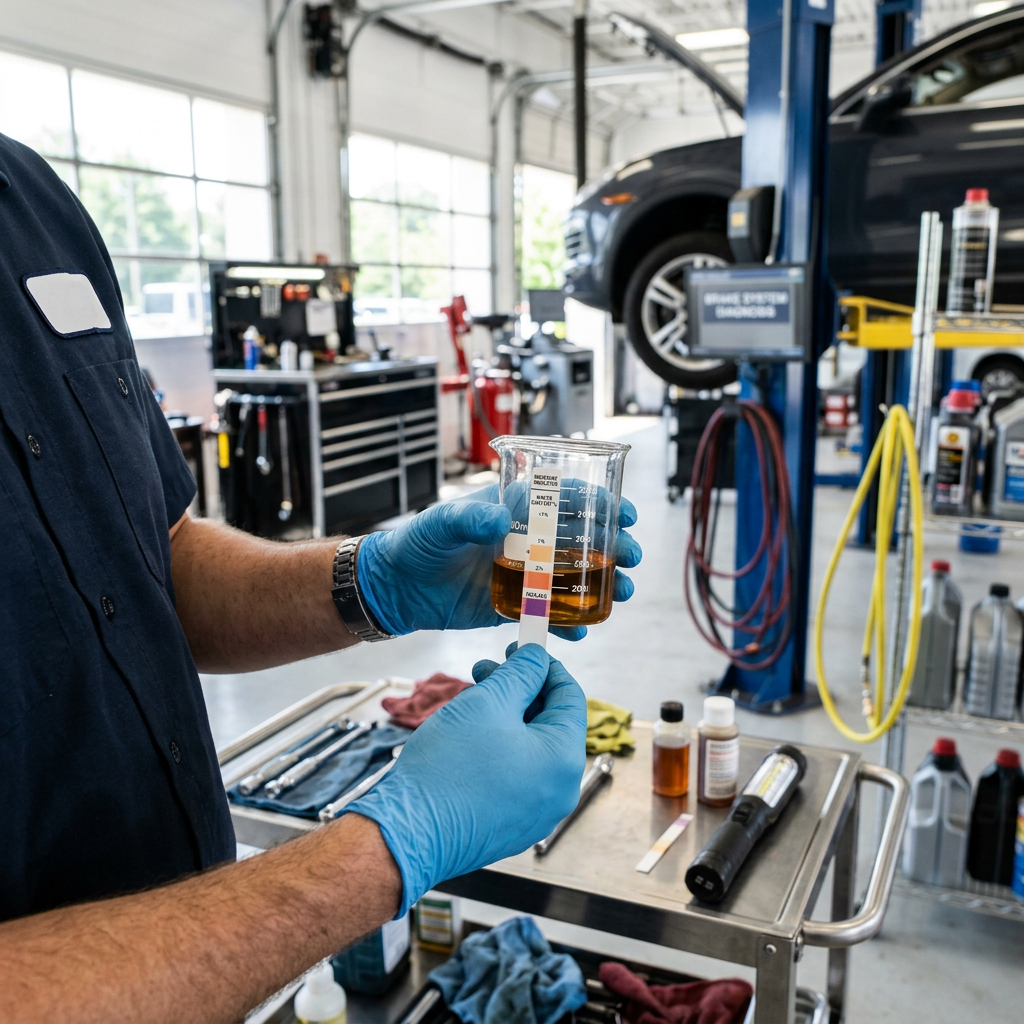A mechanic holding a fluid test strip next to a beaker containing a brown liquid sample in an auto repair shop. (Representative image for illustration purposes only. Actual vehicle may vary based on trim and configuration.)