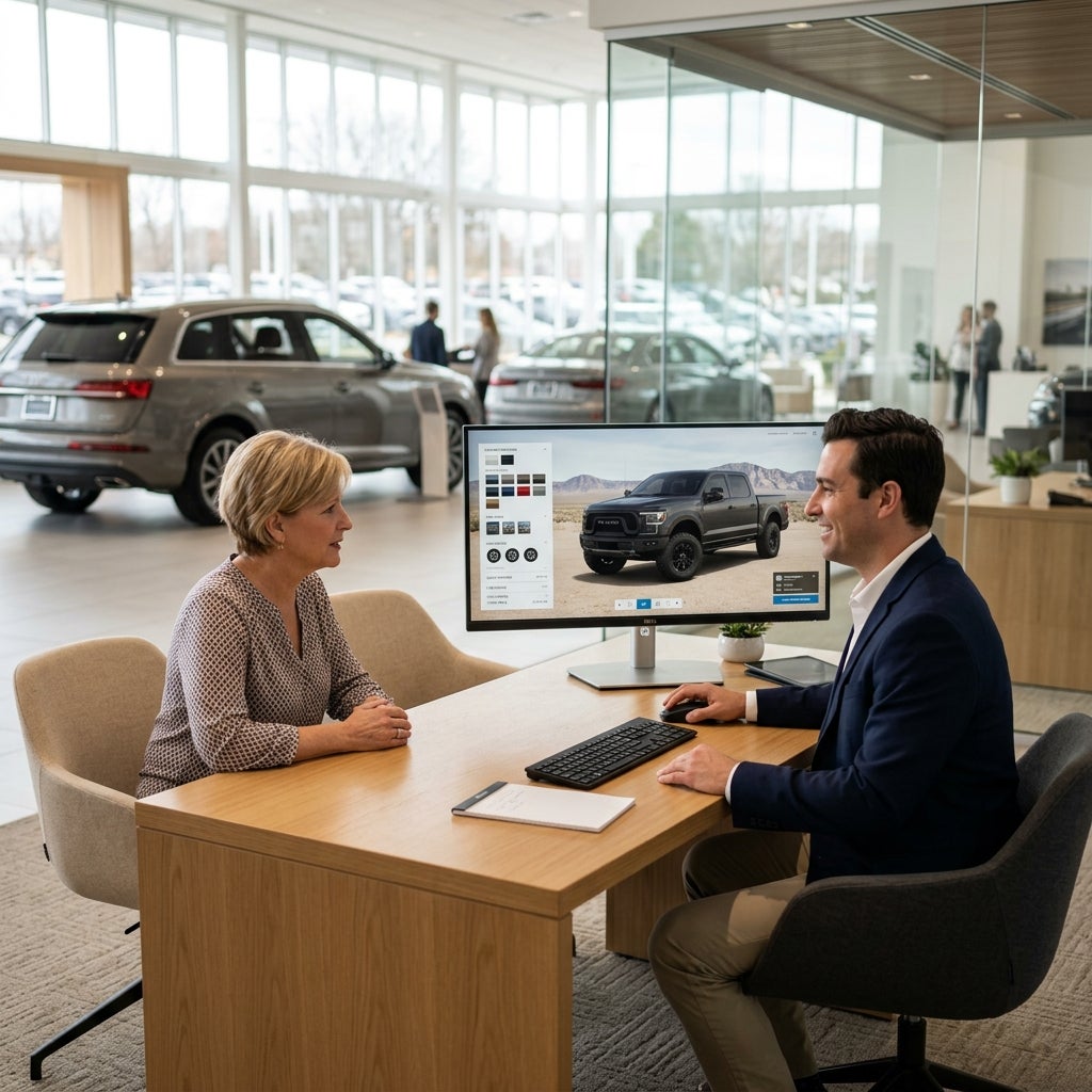 A woman sitting at a desk with a car salesman reviewing custom options for a pickup truck on a computer monitor. (Representative image for illustration purposes only. Actual vehicle may vary based on trim and configuration.)