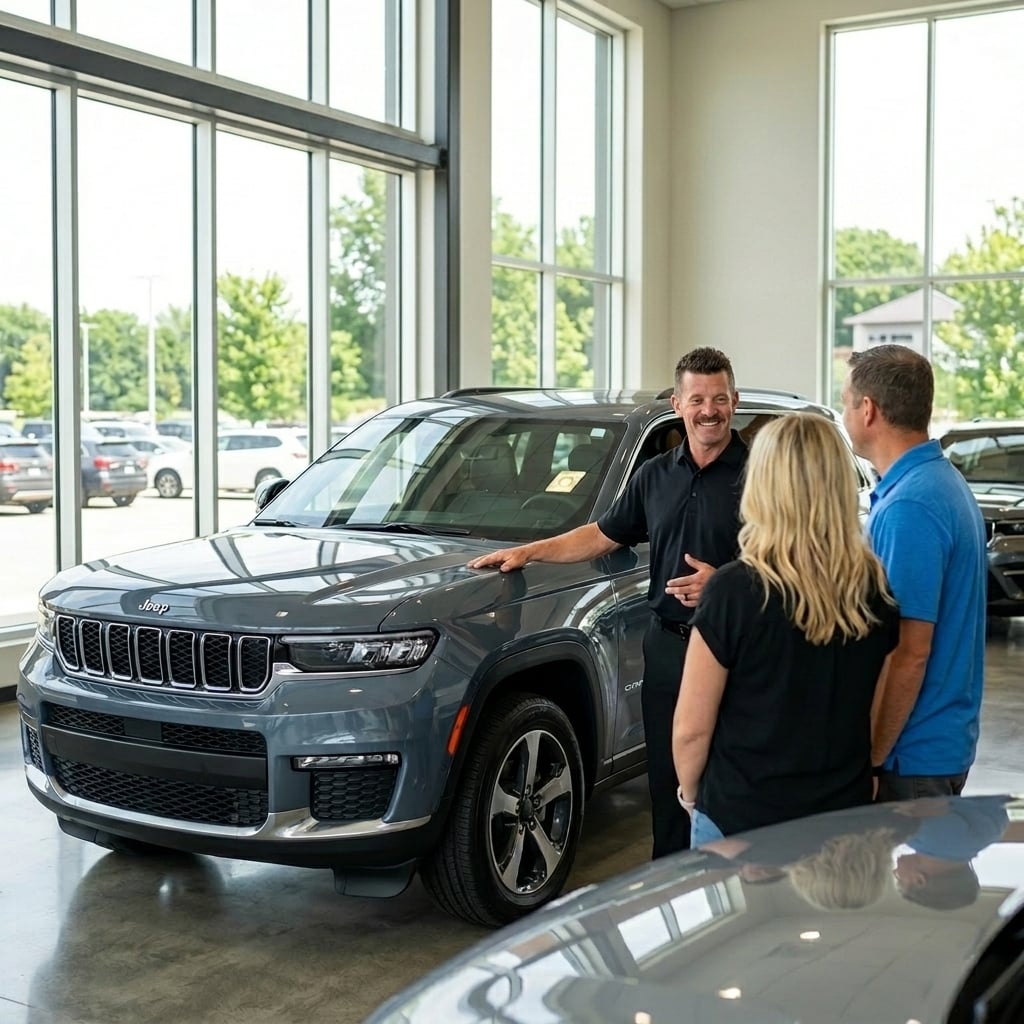 A professional lifestyle photograph set inside a bright, modern Midwestern auto dealership showroom on a clear summer day. An approachable male automotive sales specialist in a collared shirt stands engaged in conversation with a couple, gesturing casually toward a polished 2023 Jeep Grand Cherokee in slate gray. Large floor-to-ceiling glass windows flood the spacious room with natural daylight, casting soft reflections across polished concrete floors. The interior features warm wood paneling and clean structural lines in the background. Captured at eye level in a wide rule-of-thirds composition, the image emphasizes an inviting atmosphere and realistic customer interaction, rendered in clean neutral and warm tones without visible logos, text, or license plates. (Representative image for illustration purposes only. Actual vehicle may vary based on trim and configuration.)